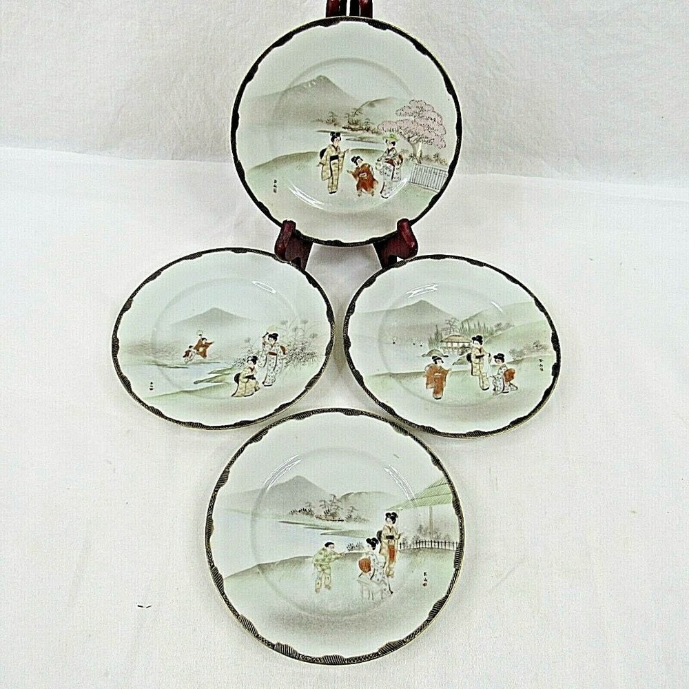 Vintage Japanese Scenic Porcelain Plates Hand Painted Set of 4 Geisha Gold Trim